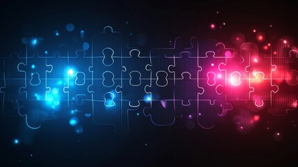 A 3D render of a neon purple and blue digital technology puzzle, glowing on a dark presentation background, symbolizing communication, solution, and question design concepts with fog, smoke