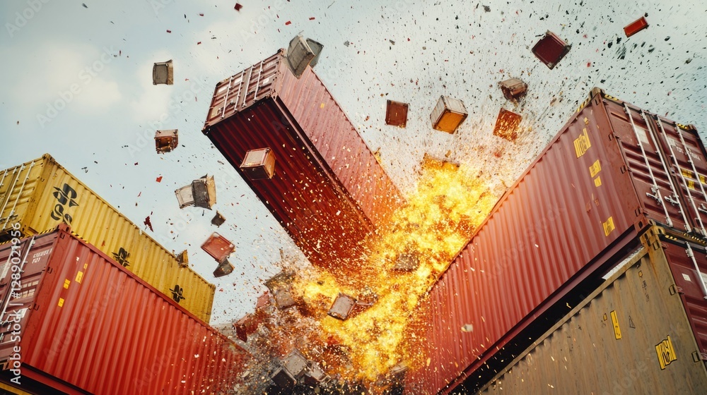 Poster a pile of shipping containers explodes into the air