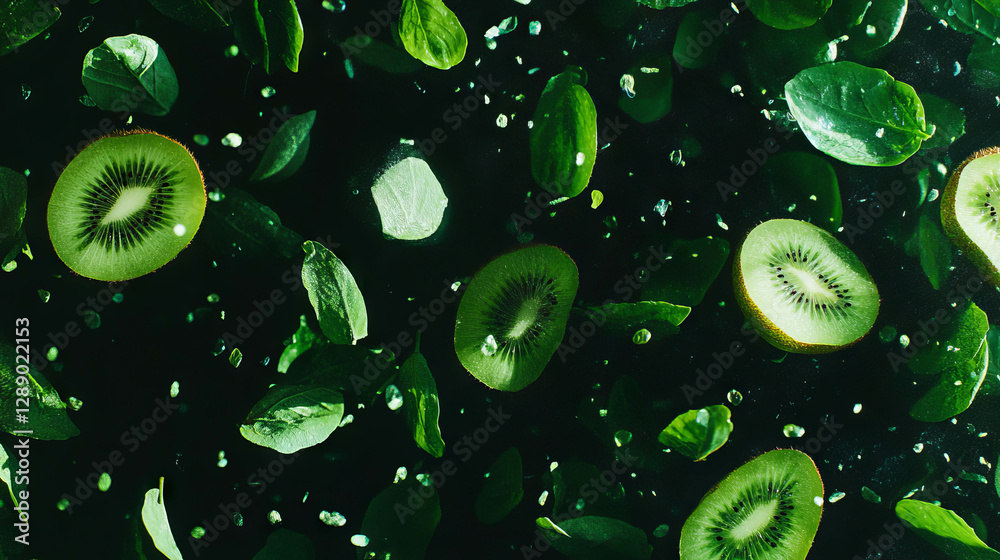 Poster fresh kiwi and green leaves falling in dynamic motion