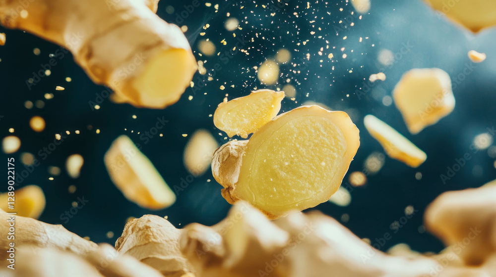 Poster dynamic background of falling sliced ginger roots with organic vibe