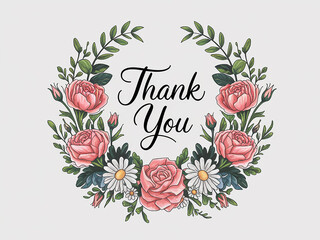 A minimalist white background featuring a delicate hand drawn floral wreath encircling Thank You in an elegant cursive font, perfect for stylish and heartfelt thank you card designs.


