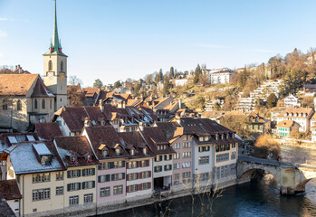 Bern, Switzerland. City View. Untertor Bridge, Aare River and historic Nydegg Church