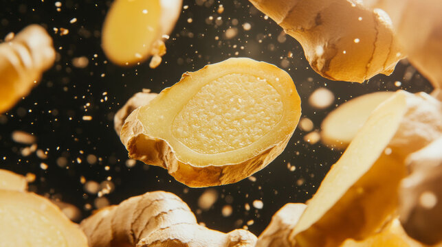 Fresh ginger roots slicing in motion for food and health themes