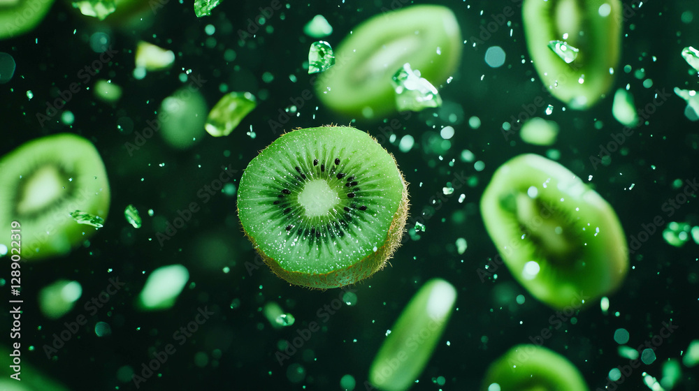 Poster vibrant falling sliced kiwis in dynamic green background for creative design