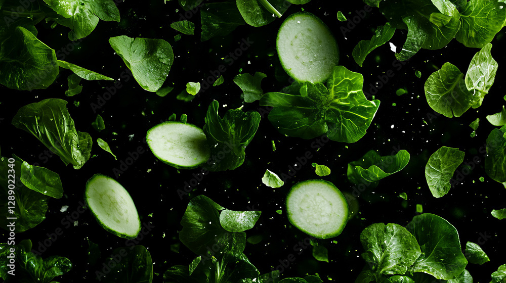 Poster fresh sliced kohlrabi and greens floating on dark background
