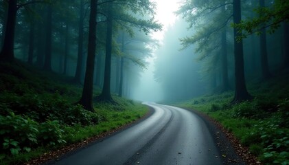 Fototapeta premium Forest road winding through dense trees and fog, wilderness, terrain, nature