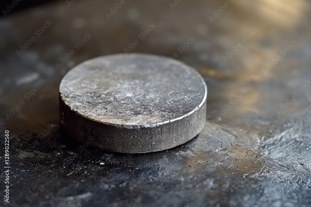 Poster close-up shot of a metal object on a table, perfect for commercial or editorial use