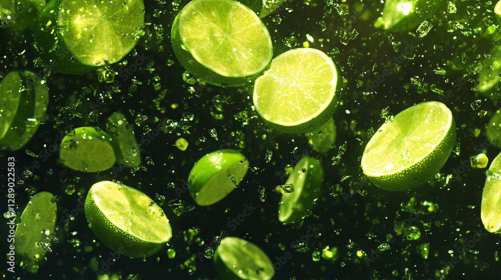 Poster vibrant citrus explosion with falling sliced limes for refreshing design