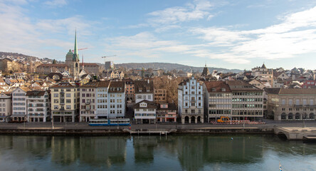  Switzerland, Zurich. Old town Altstadt, traditional architecture cityscape on river Limmat bank