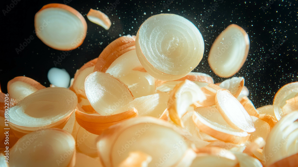 Poster fresh sliced onions falling against dark background for culinary design