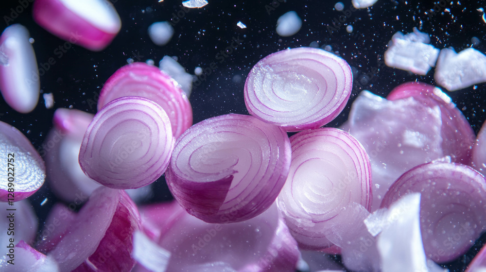 Poster dynamic background featuring falling sliced red onions for kitchen decor or culinary design