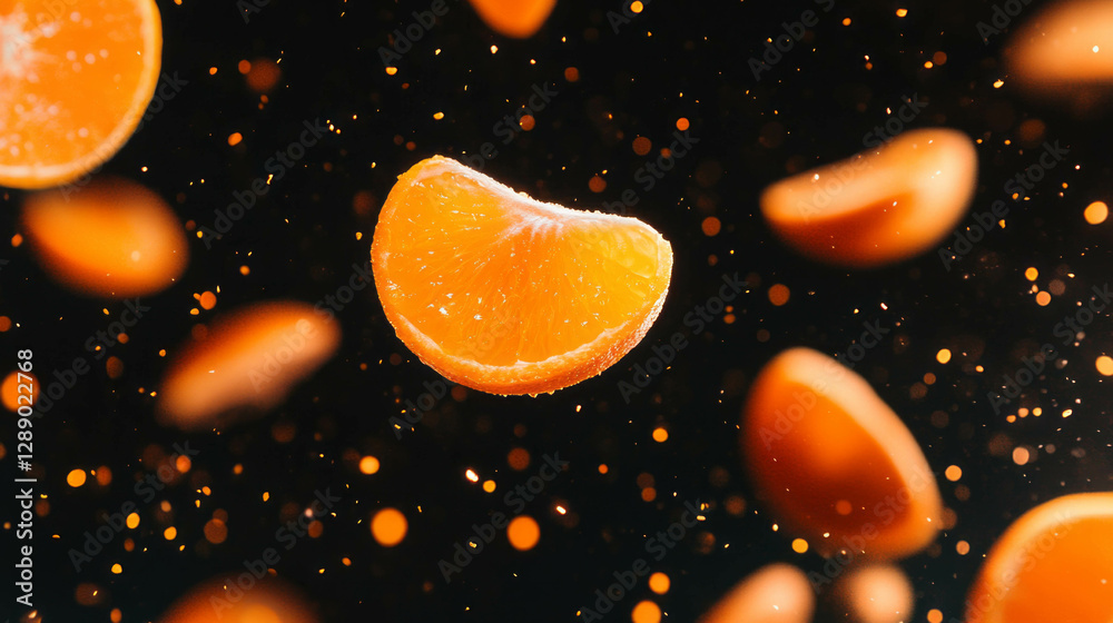 Poster Fresh citrus vibes with falling sliced oranges for vibrant design and background