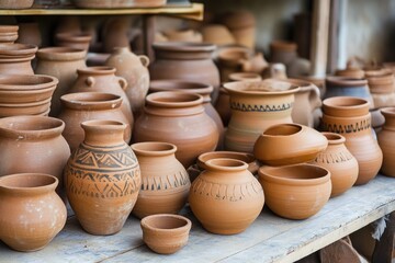 A collection of clay pots placed on a table, ideal for decorative or craft purposes