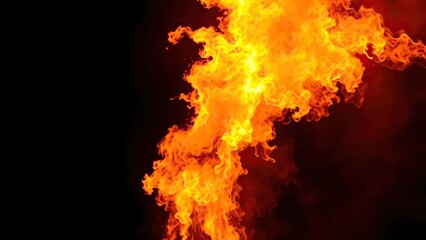 A wall of flames rises high into the air against a black background, heat haze, flames, smoke