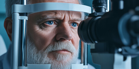 Senior man undergoing an eye exam. Eye health is crucial, especially as we age. Regular checkups ensure clear vision and early detection of potential issues.
