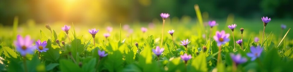 Fototapeta premium Delicate violet flowers scattered on a lush green meadow at dawn, meadow, garden