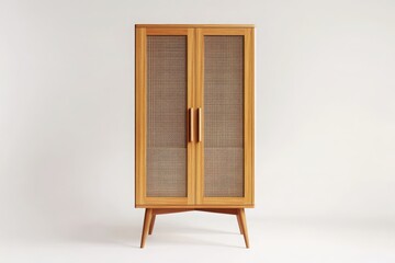 Fototapeta premium A mid-century modern wardrobe with tapered wooden legs, a light wood finish, and simple handles, isolated on a white background