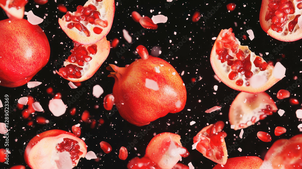 Aufkleber Dynamic background of falling sliced pomegranates and seeds for creative design