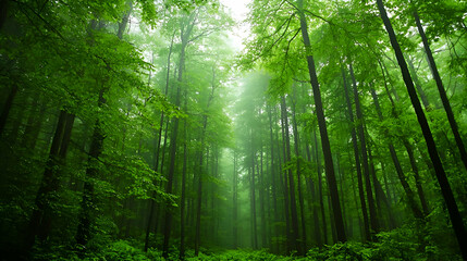 Obraz premium Lush Green Forest Path with Fog and Sunlight