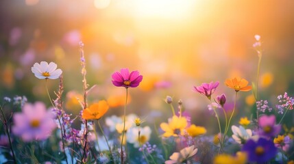 Golden Hour Wildflower Meadow Tranquility - Serene sunset illuminates a vibrant wildflower meadow, symbolizing peace, nature's beauty, summer's warmth, life's renewal, and hope