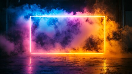 A pink and blue neon frame that glows with light, set against a black background with white fog smoke. The design features a luminous laser shape, offering a futuristic abstract technology graphic
