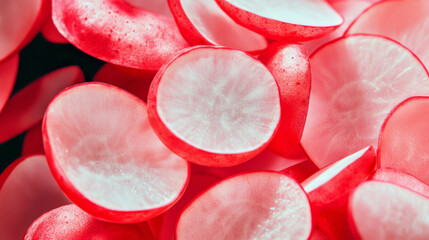 Fototapeta premium Fresh sliced radishes falling in mid air with vibrant red background for culinary design
