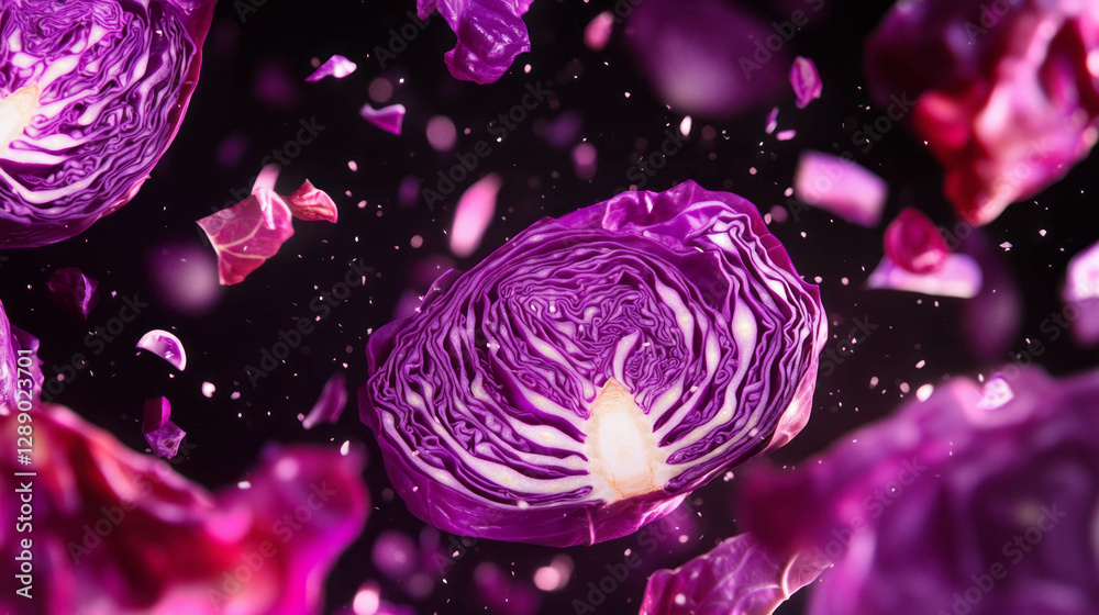 Poster vibrant falling sliced red cabbages on dark background for creative design