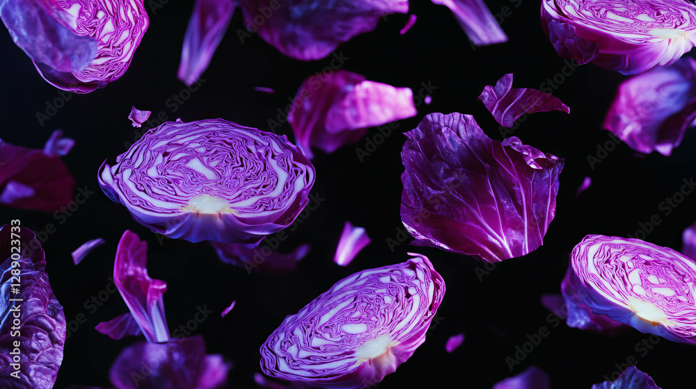Poster vibrant falling sliced red cabbages on dark background for creative design