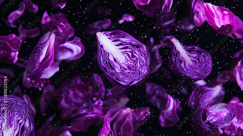 Poster vibrant falling sliced red cabbages on a dark background for food design and decoration
