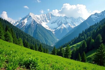Fototapeta premium Snowy peaks amidst lush greenery in Dombai Caucasus, snow, Caucasus, forest