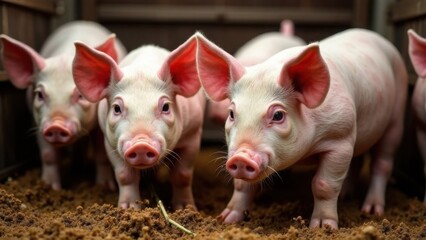 Pigs and piglets on a farm, eating in a pen. Livestock, cattle breeding, agriculture, farming