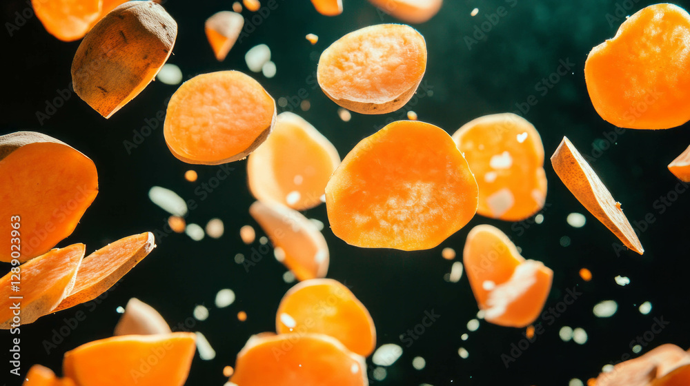 Poster dynamic background of falling sliced sweet potatoes for culinary design