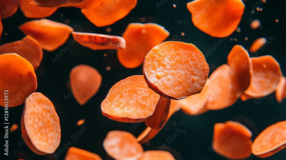 Poster dynamic background of falling sliced sweet potatoes for food design