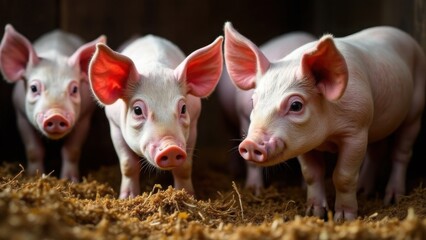 Pigs and piglets on a farm, eating in a pen. Livestock, cattle breeding, agriculture, farming