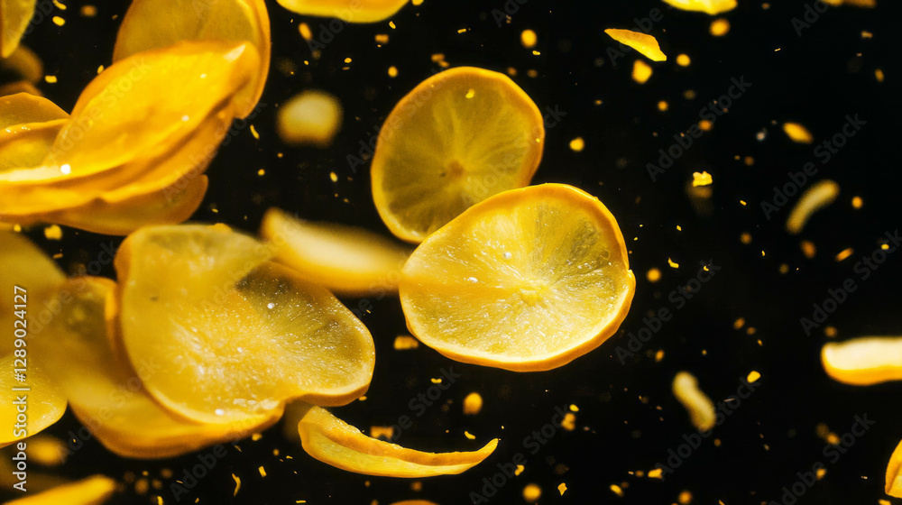 Aufkleber Dynamic background of falling sliced yellow squash and lemon for creative design