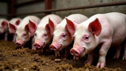 Pigs and piglets on a farm, eating in a pen. Livestock, cattle breeding, agriculture, farming