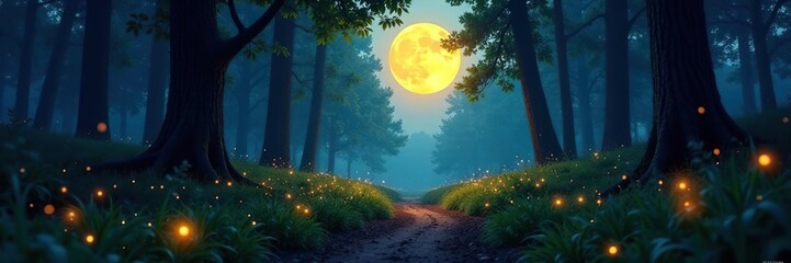 Forest path lit by the soft light of fireflies and the glow of a full moon, natural, light