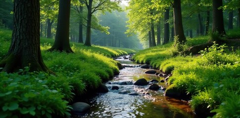 Obraz premium Forest stream winding its way through trees and bushes, tree, bush, nature