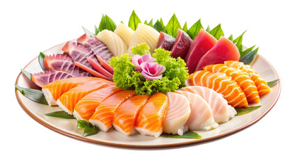 Assortment of colorful sashimi, arranged neatly on a white plate