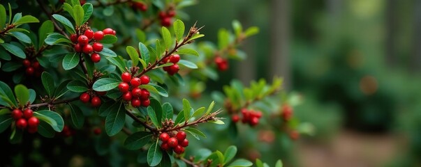 Obraz premium Low-growing evergreen shrub with red berries and twigs in a forest, Red berries, Shrub, Evergreen shrub