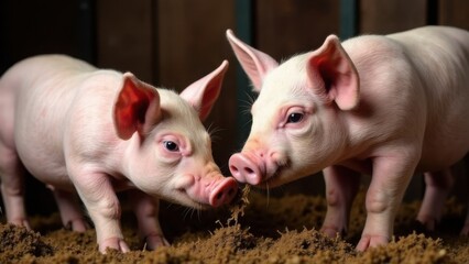 Pigs and piglets on a farm, eating in a pen. Livestock, cattle breeding, agriculture, farming