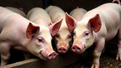 Pigs and piglets on a farm, eating in a pen. Livestock, cattle breeding, agriculture, farming