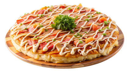 Traditional okonomiyaki pancake, topped with various ingredients, isolated on a transparent background