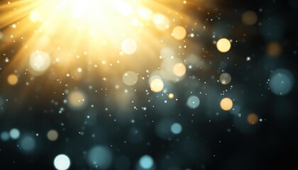 Fototapeta premium Abstract background with gold and blue bokeh lights, glittering particles, and a dramatic light beam