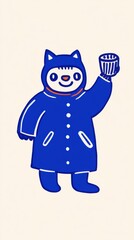 A cheerful character in a blue coat with a cat hat, holding a snack, set against a light background.