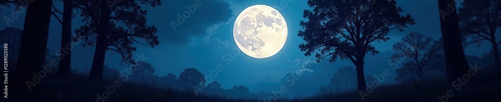 Wall mural silhouetted tree against the bright full moon in a forest at nighttime,, secluded