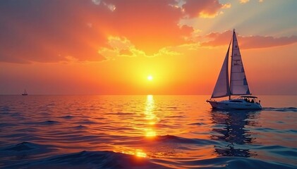 Fototapeta premium Sunset over Arabian Sea with boats in the distance, sky, sea, sailboat