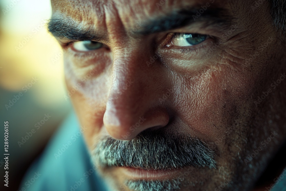 Poster a close-up shot of a man with a distinctive mustache, suitable for use in portraits or illustrations