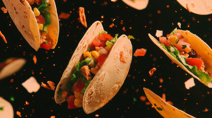Vibrant mexican cuisine concept featuring falling tacos with colorful fillings