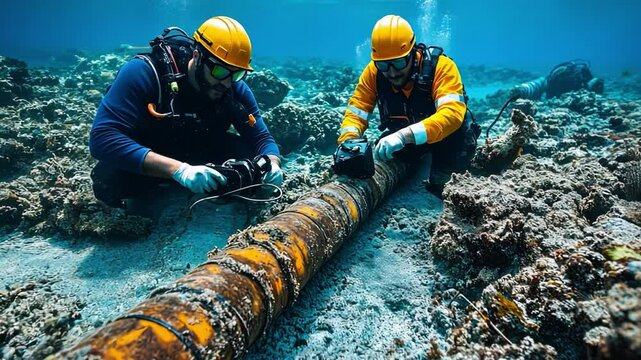 Underwater Cable Maintenance: Two divers working on underwater cable infrastructure in a vibrant underwater environment.